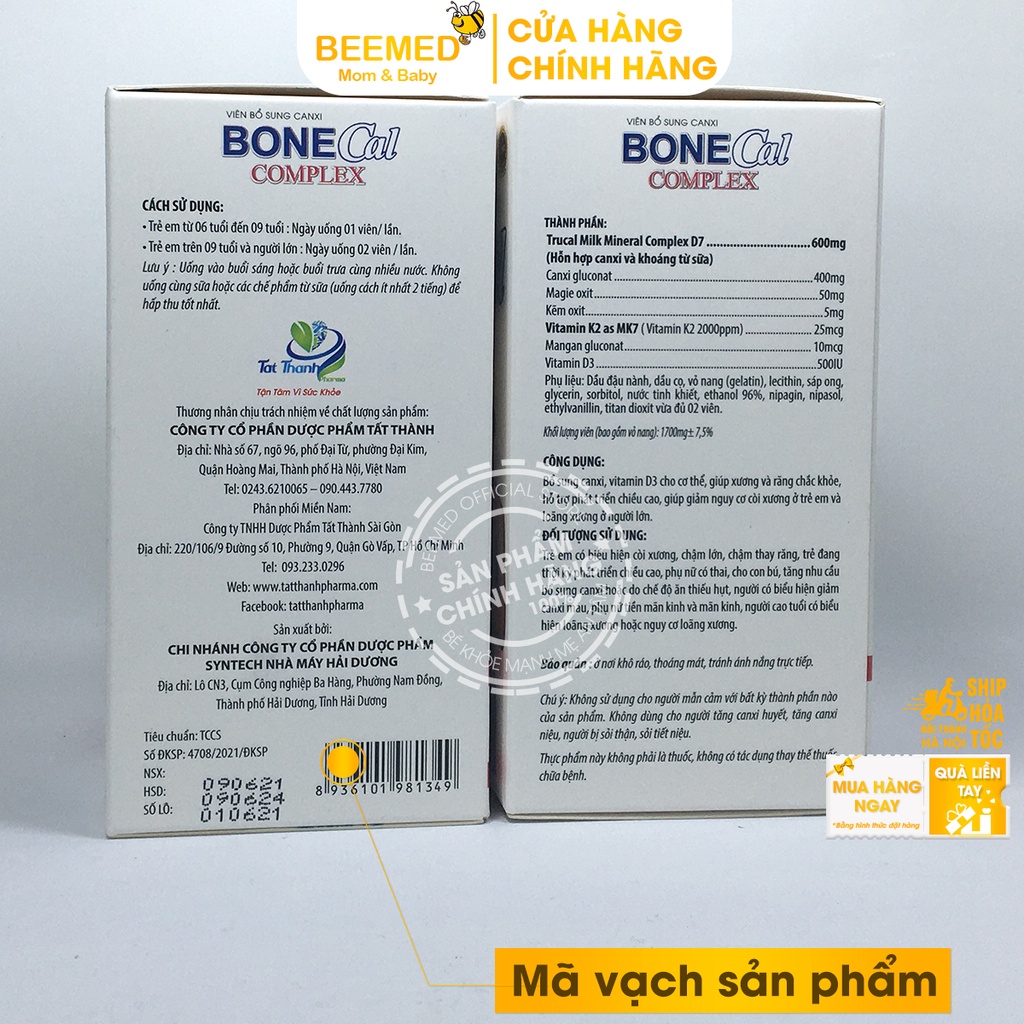 Bổ sung Canxi từ sữa Bone Cal Comlex, giảm loãng xương, còi xương ở trẻ em và người lớn, có thêm D3 K2 Hộp 30v