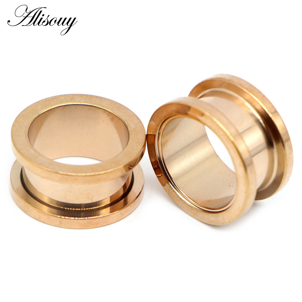 Alisouy Set 2 Khuyên Nong Tai Thép Không Gỉ Màu Vàng Hồng 2mm-25mm