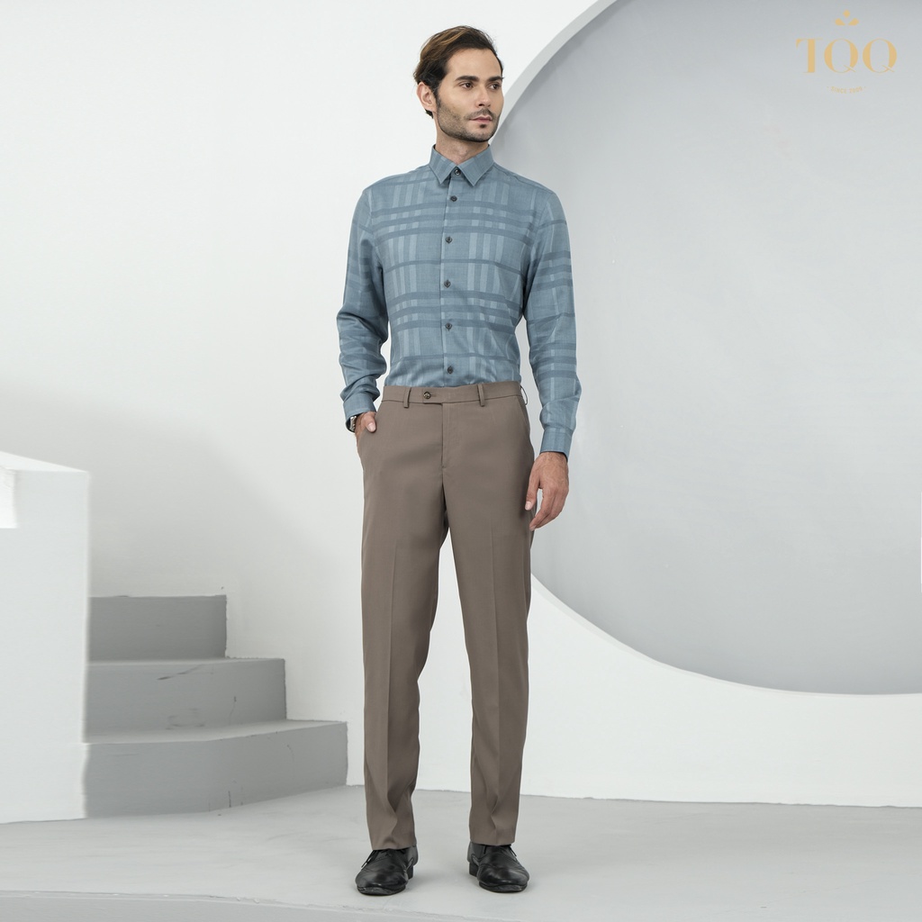 Áo sơ mi nam dài tay TQQ dáng Slimfit công sở chất liệu Cotton cao cấp có co dãn K414CS-CSB màu xanh rêu dệt kẻ chìm