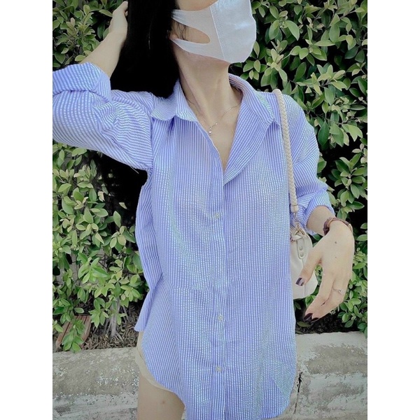 ‼️set sơmi sọc xanh + quần sọt nude