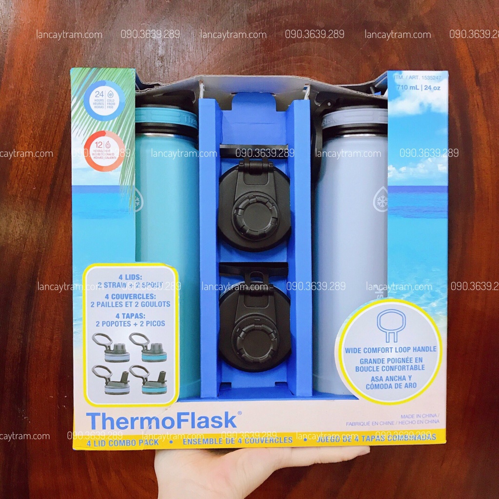 SET 2 BÌNH GIỮ NHIỆT + 4 NẮP THAY ĐỔI THERMOFLASK STAINLESS STEEL INSULATED BOTTLE (2 * 710ML)