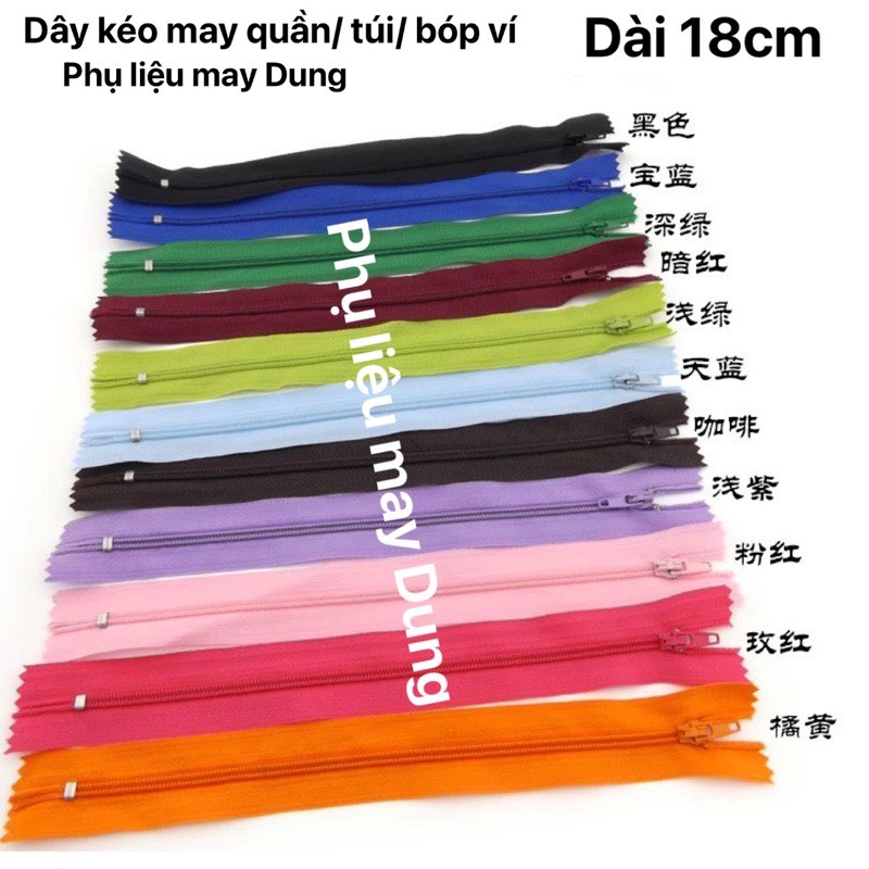 dây kéo may quần/ túi ví dài 18cm