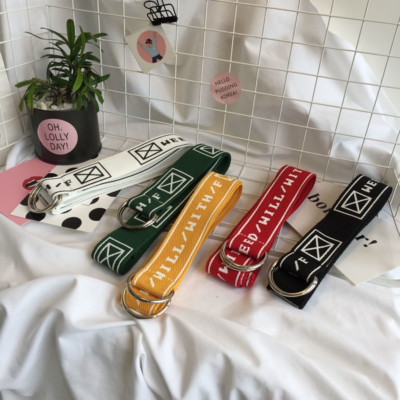 Thắt Lưng Vải Canvas Khóa Đôi In Chữ Tiếng Anh Màu Sắc Dễ Thương
