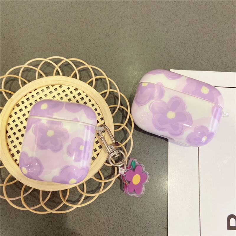 Vỏ cứng bảo vệ hộp sạc tai nghe bluetooth không dây họa tiết hoa tím thích hợp cho Apple 1/2/3