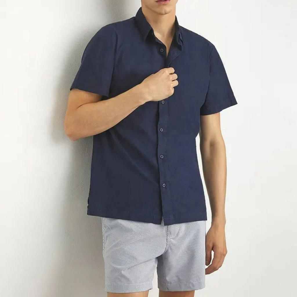 Áo Sơ Mi Nam Ngắn Tay Công Sở, Chất Vải Lanh Thoáng Mát Trơn Màu Tím Than