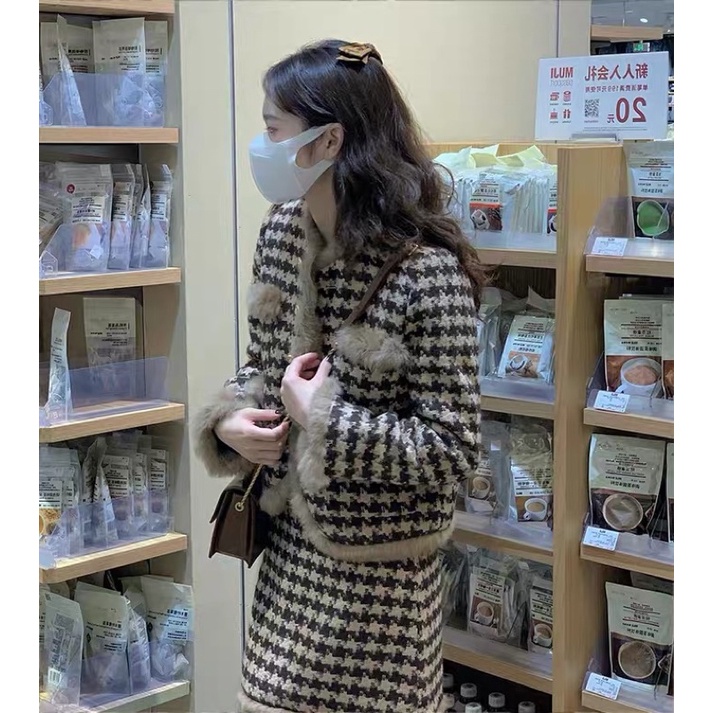Set Áo Khoác+Chân Váy Len Hoạ Tiết Nanh Sói HoundStooth Nâu Vintage Bigsize Đến 100kg