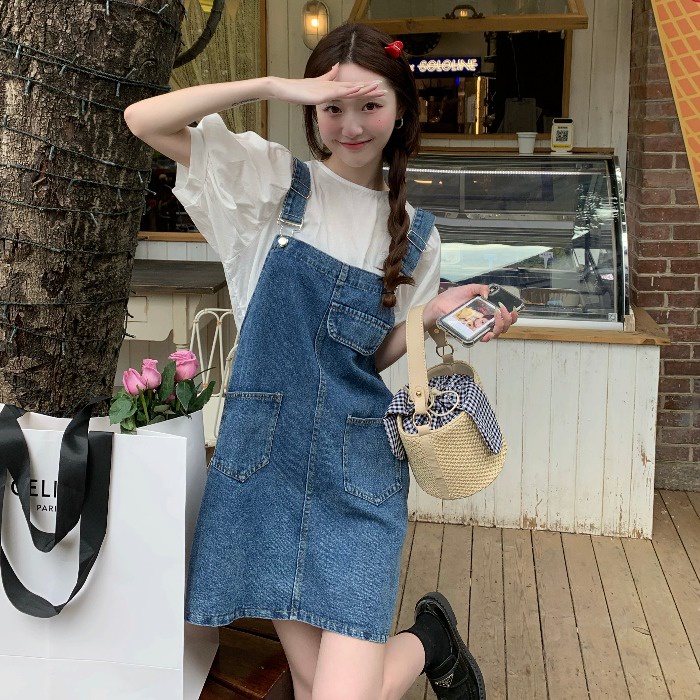 Yếm jeans, yếm bò dáng suông basic phong cách nhẹ nhàng Hàn Quốc