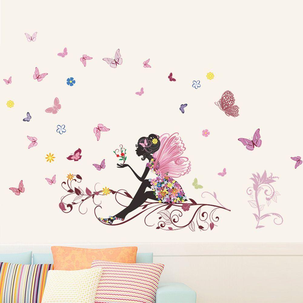 Sticker Dán Tường Họa Tiết Hình Nàng Tiên Và Hoa Dùng Trong Trang Trí Phòng Khách