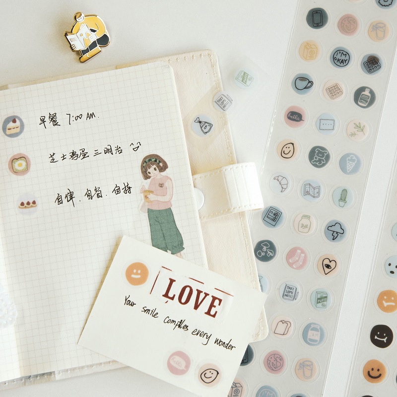 Set 57 sticker miếng dán icon tròn cute hình khuôn mặt/ đồ ăn/ đồ tiện ích BÚT ĐẸP