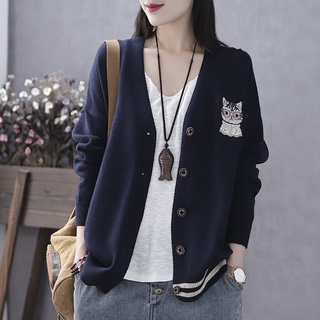 Áo cardigan len nữ thêu hình mèo trẻ trung, thời trang phong cách Hàn