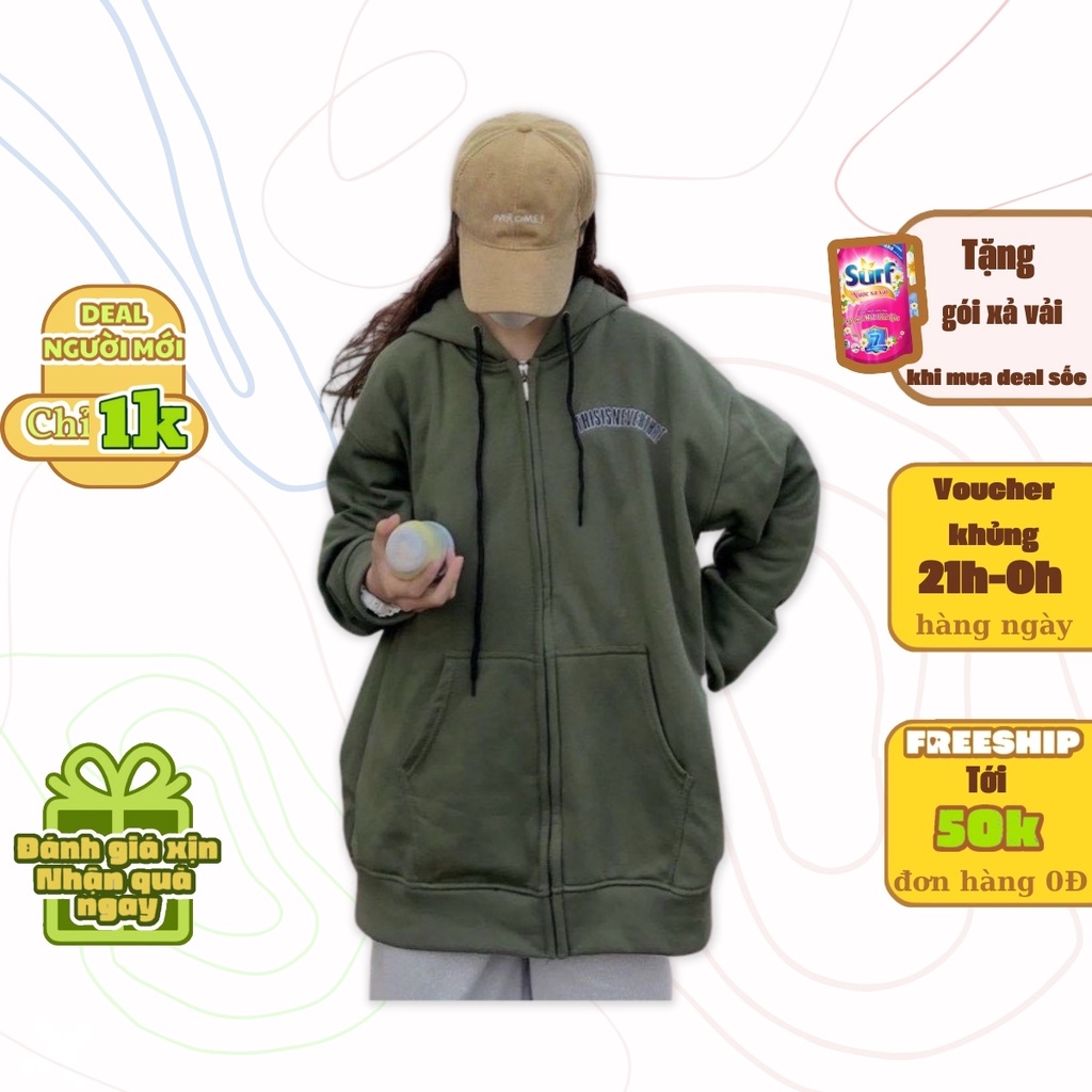 Áo Khoác Nỉ Zip Xanh Rêu Form Rộng Nữ Meeny- Hoodie Mũ 2 Lớp Tay Bồng Nỉ Ngoại Mặt Mịn Dáng Hàn Quốc