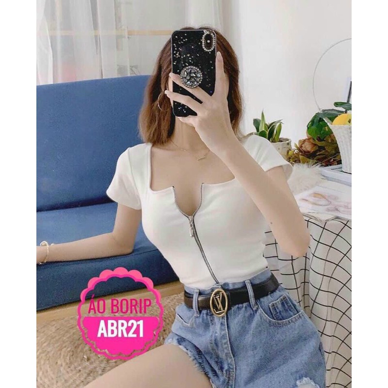 áo thun trơn croptop dây kéo chất thun mền mịn