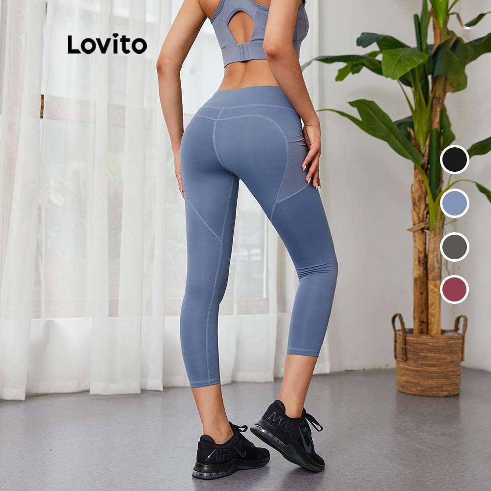 Quần legging Lovito có túi nhanh khô phong cách thể thao L03051 (màu xanh dương/đen/Xám/Đỏ)