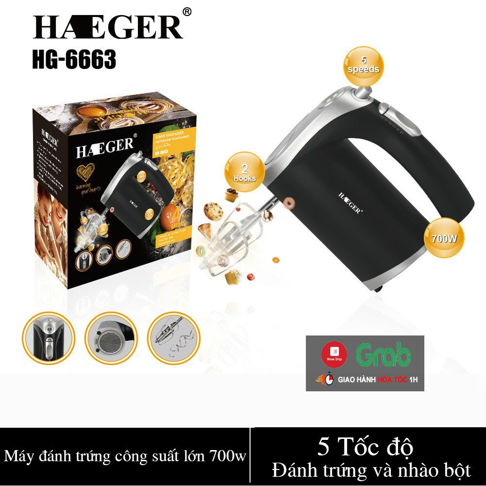 Máy đánh trứng cầm tay Haeger HG-6663 công suất lớn 700w, trộn nhuyễn trong 30s, điều chỉnh 5 tốc độ  MDT03