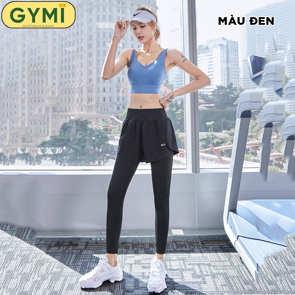 Quần tập gym yoga nữ thun lạnh GYMI QD28 dáng legging có quần short phía trước chống lộ kèm túi dựng điện thoại