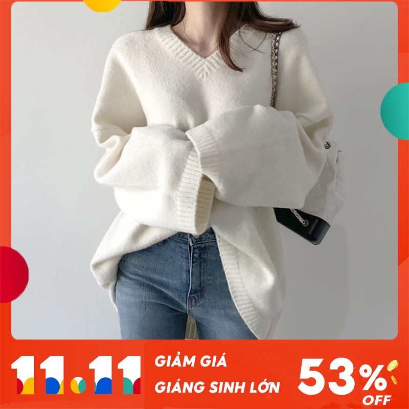 【Trong kho】Áo Len Tay Dài Cổ Chữ V Form Rộng Màu Trơn Phong Cách Hàn