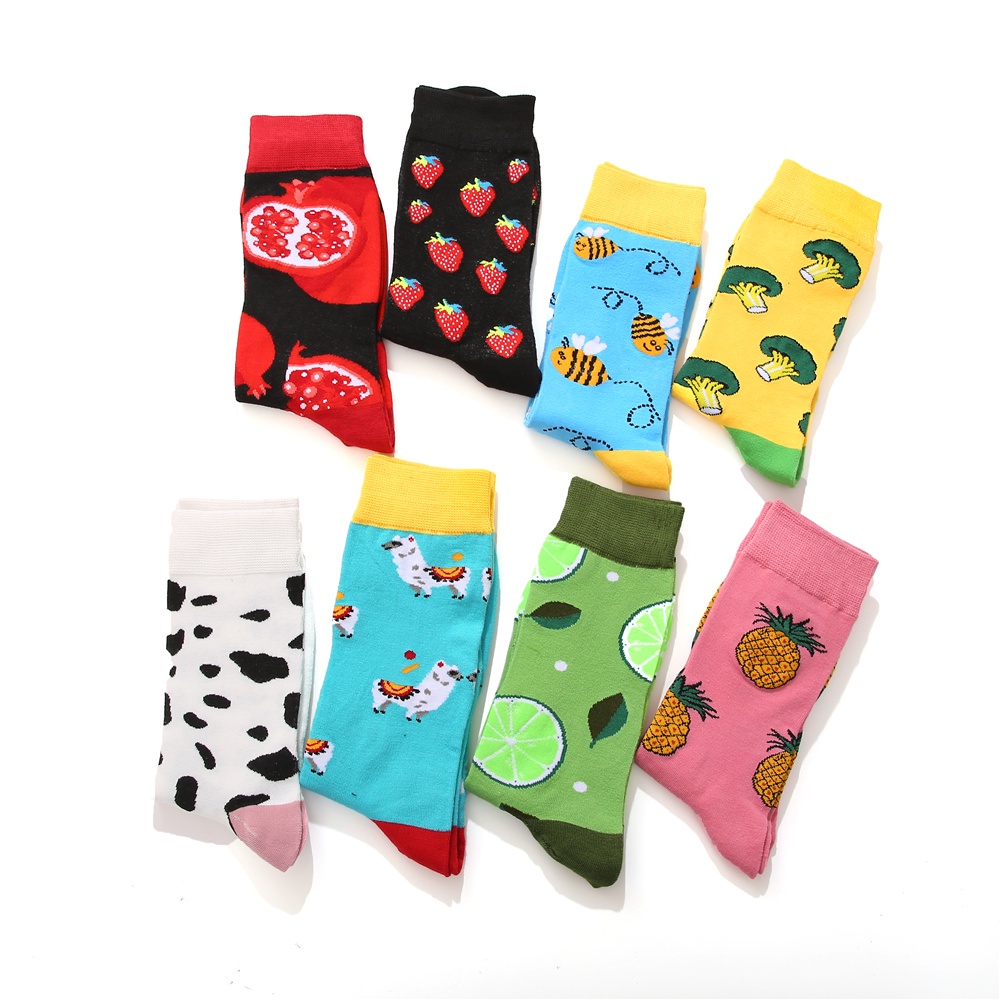 Bộ 2 Đôi Tất Dài Trung Bình Co Giãn In Hình Trái Cây Động Vật Nhiều Màu Sắc Cho Nữ