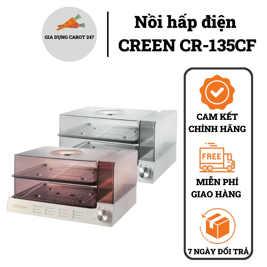 Nồi Hấp Điện 2 tầng Dung Tích 13.5L CREEN CR-135CF, Nồi hấp đa năng hâm nóng thức ăn hấp cách thủy BH 12 tháng