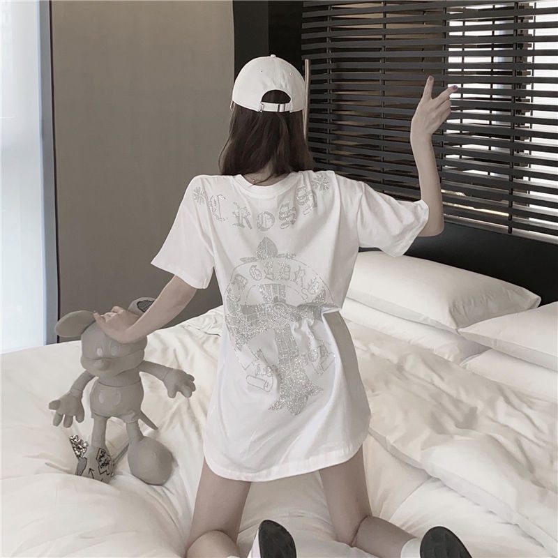 Jiashucheng Đầm Cotton Nguyên Chất Tay Lửng Dáng Rộng Cỡ Lớn Đính Kim Cương Công Nghiệp Nặng Mùa Hè Hàn Quốc