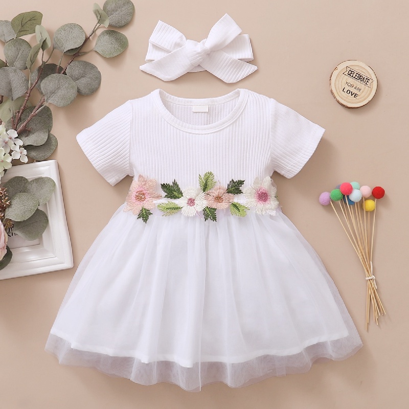 Đầm công chúa MIKRDOO tay ngắn đính hoa thêu + băng đô thiết kế thời trang phong cách mùa hè cho bé gái 0-3 tuổi