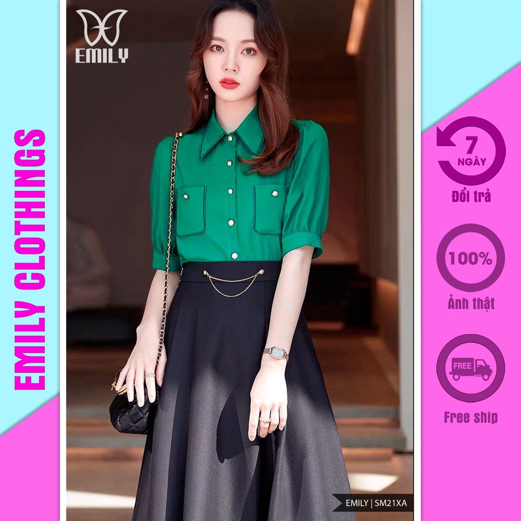 Áo sơ mi nữ tay lỡ kiểu viền thêu chất vải poplin cao cấp phong cách công sở trẻ trung cá tính EMILY SM21