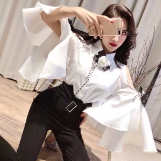 Set áo sơ mi và quần jean cạp cao
