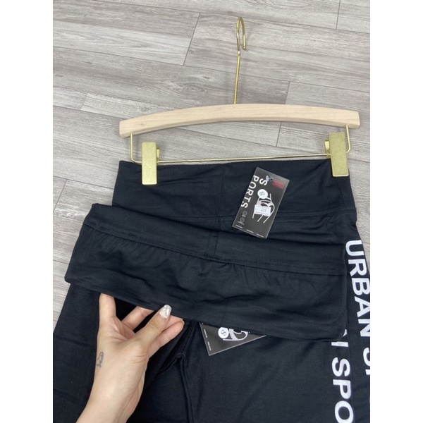 Quần legging lửng đùi sọc chữ cạp cao quần slimfit chất cotton dãn