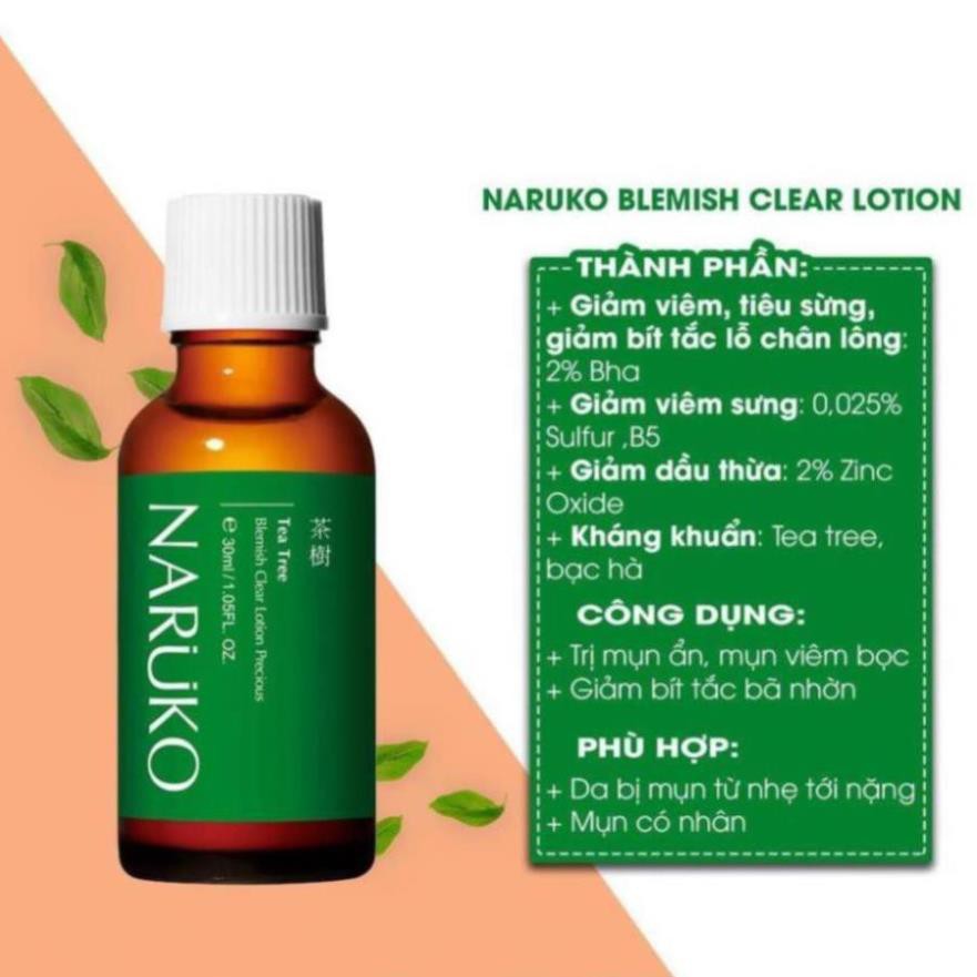 NARUKO - Lotion Tràm Trà Đậm Đặc Giảm Mụn Mảng, Mụn Đầu Đen 30ml – Tea Tree Blemish Clear Lotion Precious 30ml