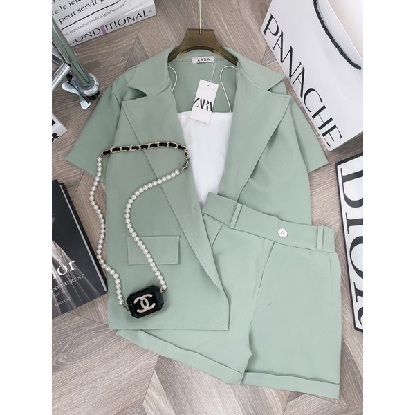 [ 𝐅𝐑𝐄𝐄 𝐒𝐇𝐈𝐏 ] SÉT VEST XANH QUẦN SOOC 3 MÓN Ạ . CHẤT CHÉO THÁI MẶC LÊN ĐỨNG FORM LẮM Ạ