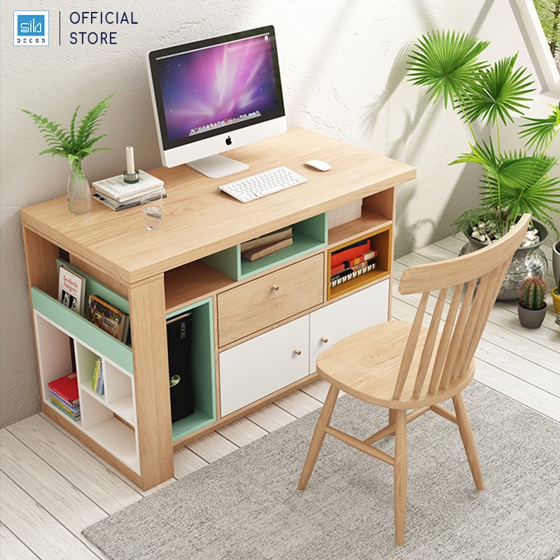 Bàn Làm Việc Tại Nhà Sáng Tạo Kèm Tủ Sách Phong Cách Bắc Âu Thương Hiệu SIB Decor (Không Gồm Ghế
