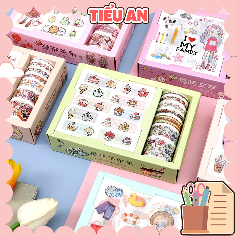 Hộp Sticker &amp; Washi dán nhiều chi tiết (9 Sticker &amp; 8 Washi tap)