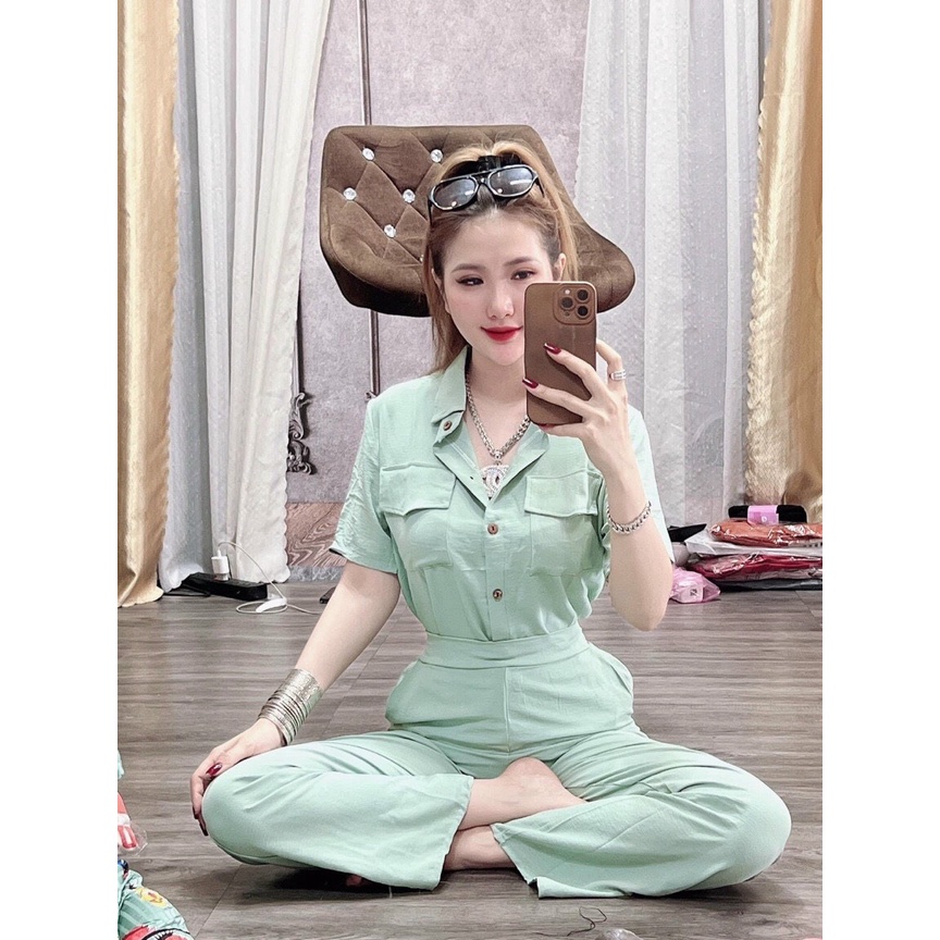 Set bộ sơ mi đũi 2 túi quần dài, bộ nữ cộc tay quần ống xuông đi chơi dạo phố xinh xắn