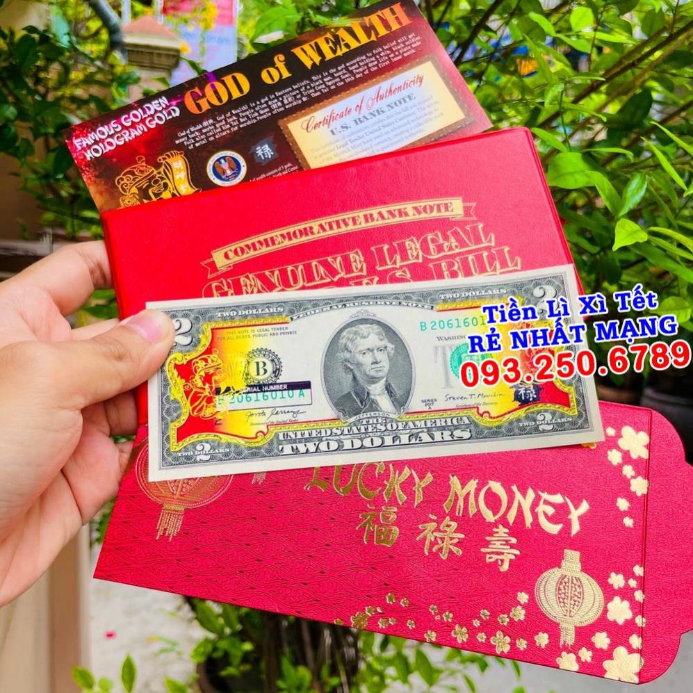 Lì Xì Tết tờ 2 Đô in hình Thần Tài Vàng tài lộc, quà tặng ý nghĩa - bao da đỏ - Quà Tết 2022