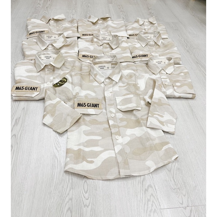 ÁO SƠ MI CHO BÉ, ÁO SƠ MI LINEN HỌA TIẾT LÍNH CHO BÉ TRAI TỪ 9KG ĐẾN 20KG