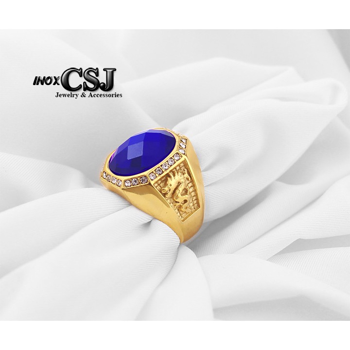 NHẪN NAM INOX MẠ VÀNG 2 BÊN CON RỒNG ĐÁ XANH DƯƠNG siêu đẹp - tặng hộp đựng xinh xắn