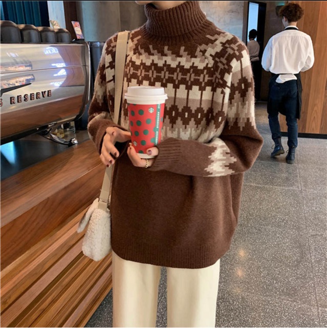 Áo len cao cổ 2 màu be - nâu