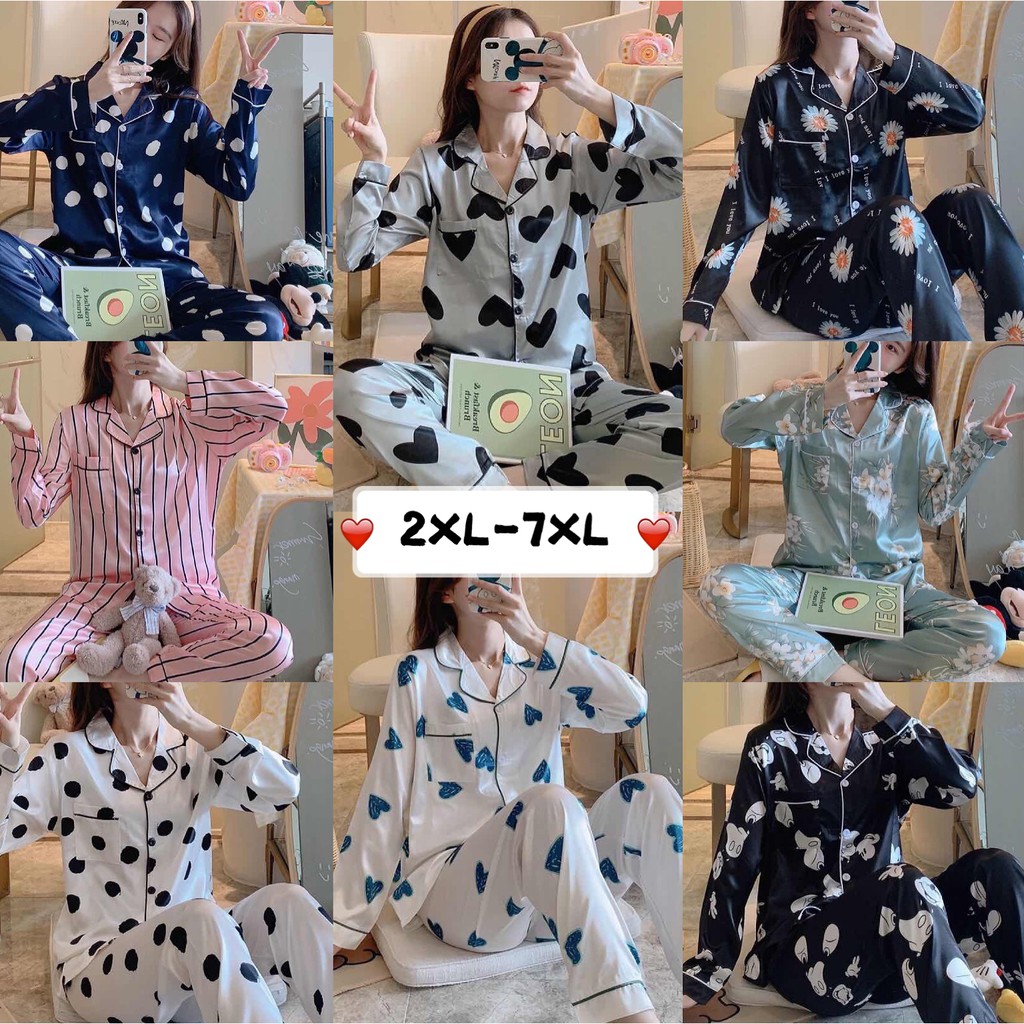 Bộ Đồ Ngủ Vải Satin Tay Dài Dễ Thương Có Size Lớn 2xl-7xl 65-150kg