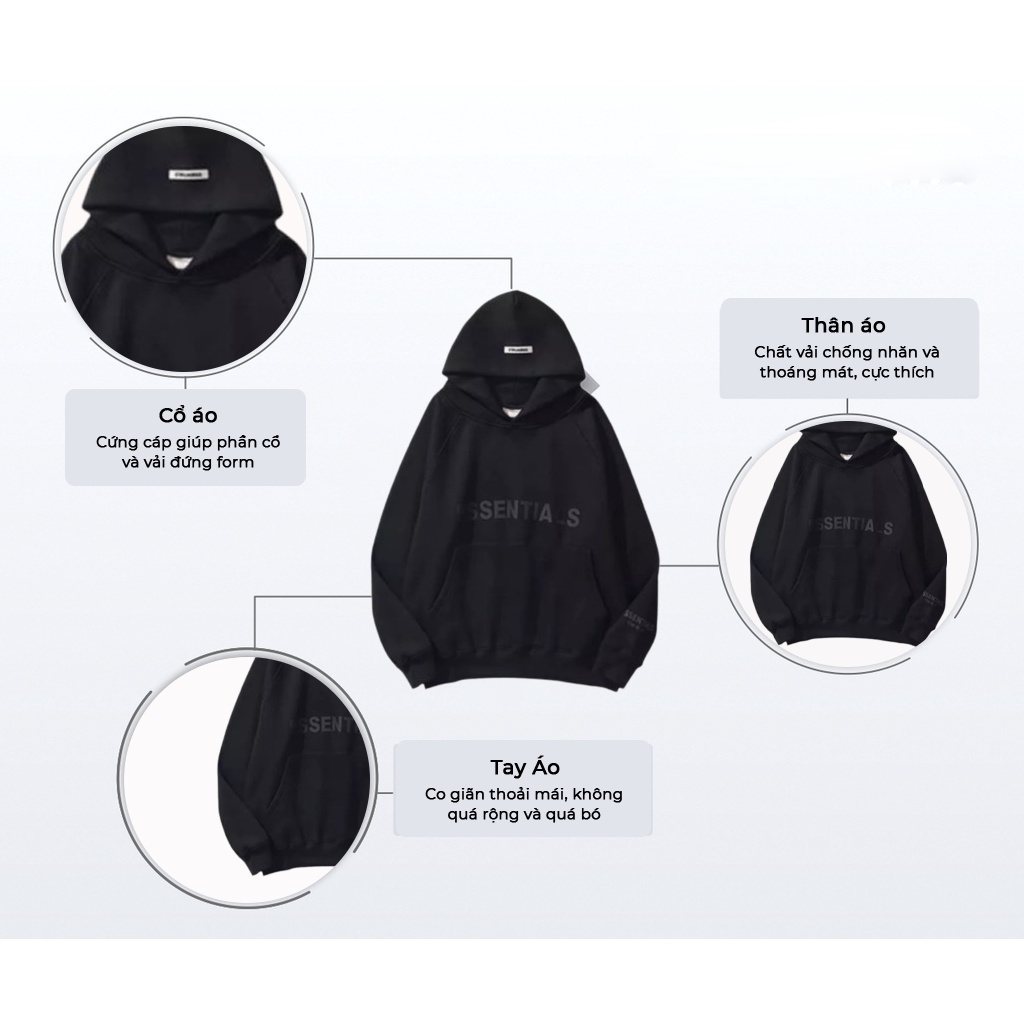 Áo Khoác Hoodie Essentials  Nam Nữ, Form Rộng Unisex Chất Nỉ Bông Dày Màu Đen HDAS 908