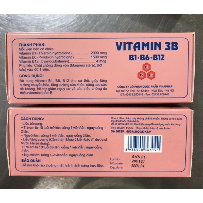 VITAMIN 3B  - B1,B6,B12- Hộp 100 viên nén  Vinaphar -Hỗ trợ cải thiện tình trạng thiếu hụt vitamin nhóm B