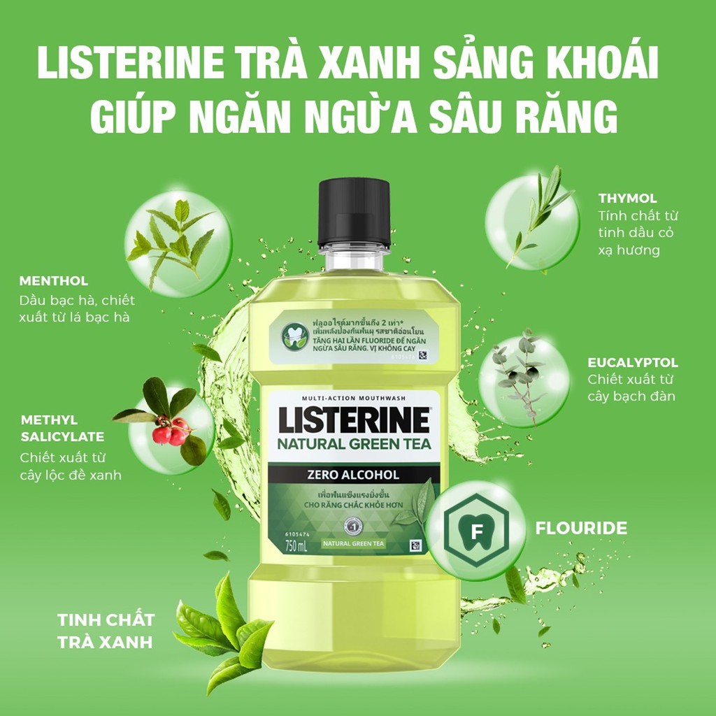 Nước Súc Miệng Listerine Trà Xanh Ngừa Sâu Răng, Hơi Thở Thơm Mát Listerine Green Tea Zero Alcohol Mouthwash 750ml