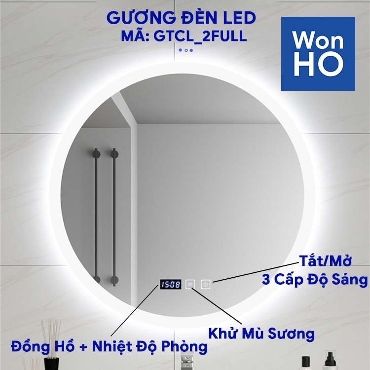 Gương Tròn đèn LED treo tường bản Flagship, cảm ứng tắt mở, 3 cấp độ sáng, đồng hồ nhiệt độ, thời gian, khử mù sương