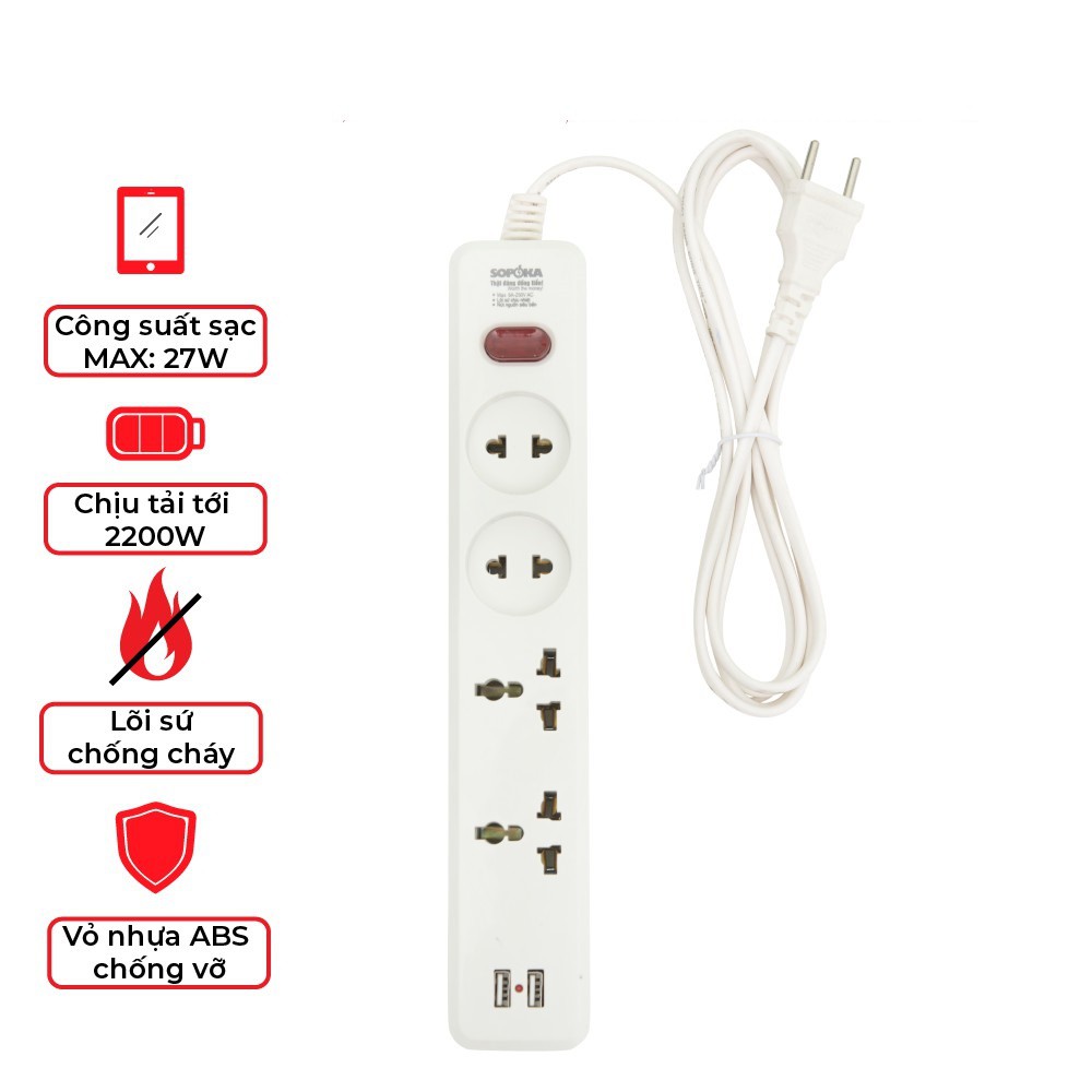 Ổ cắm điện đa năng SOPOKA 2 cổng USB 5V dây dài 2.5 mét  hoặc 4.5 mét màu trắng Model 4U2-3 hoặc 4U2-5