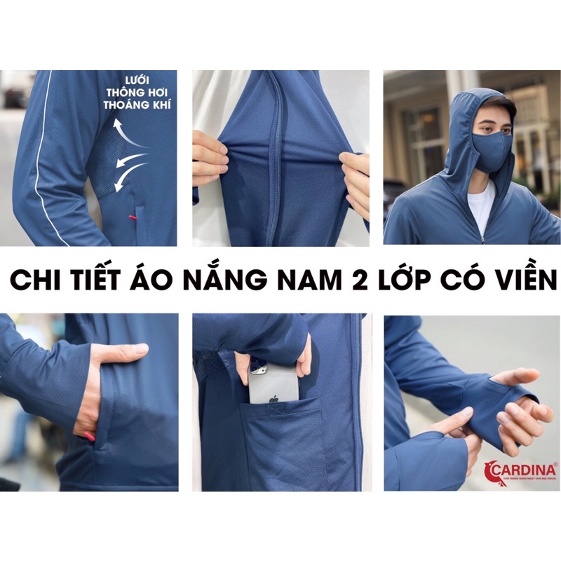 Áo chống nắng Nam Nữ 2 lớp Cardina chất thun lạnh Nhật cao cấp có lưới tản nhiệt viền thể thao chống tia.