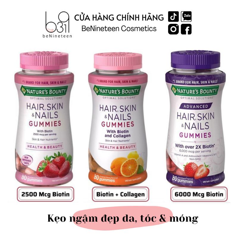 Kẹo Dẻo Nature's Bounty Hair, Skin & Nails Gummies Làm Đẹp Da, Tóc [BeNineteen Cosmetics]