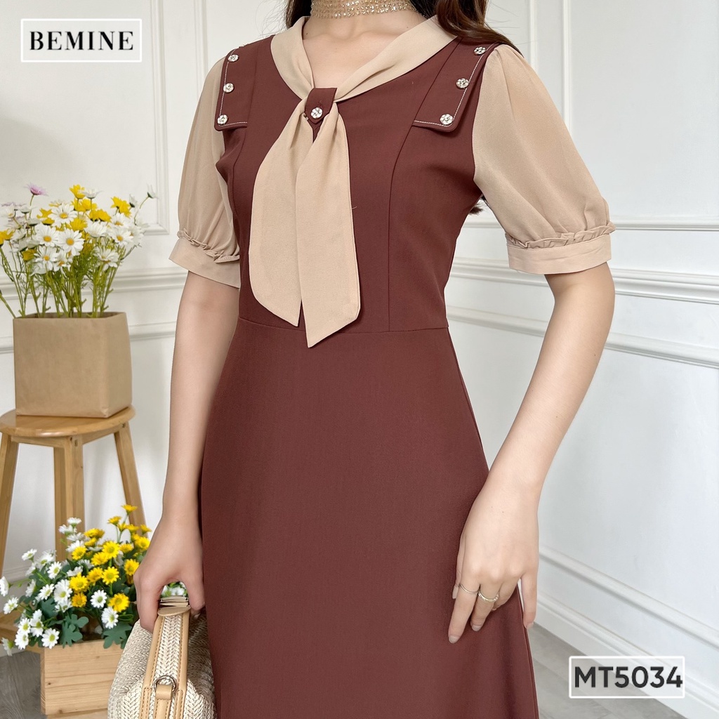 Đầm tay ngắn cổ phối nơ BEMINE MT5034NAU