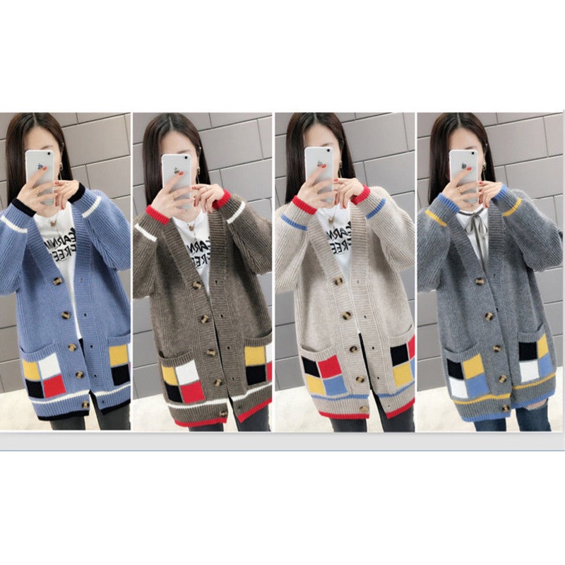 Áo Khoác Dệt Kim Tay Dài Màu Sắc Tương Phản Phong Cách Hàn Quốc Thời Trang Mùa Thu Cho Nữ