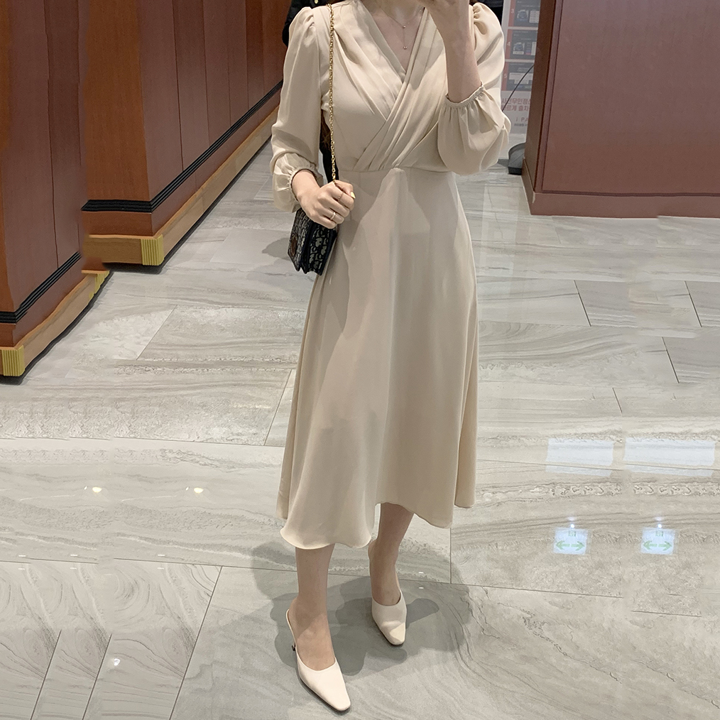 Đầm Voan Dài Tay Cổ Chữ V Xếp Ly Phối Dây Thắt Eo Thanh Lịch 42049