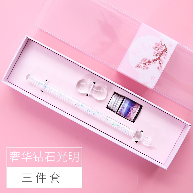 Bộ Bút Máy Chấm Mực Bằng Thủy Tinh Pha Lê Thời Trang Dùng Làm Quà Tặng Cho Học Sinh