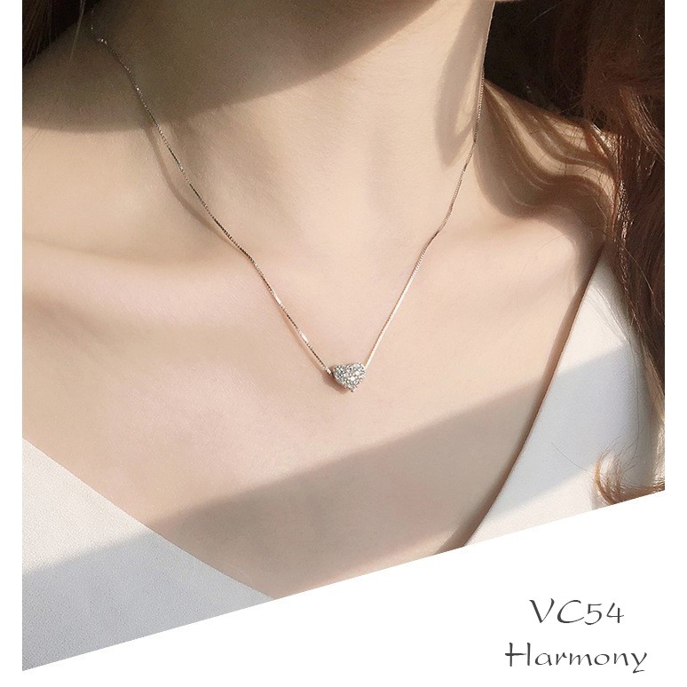 Vòng cổ, dây chuyền nữ bạc 925 cao cấp Krytal Heart mặt trái tim đính đá nhỏ nhắn,sang trọng VC55| TRANG SỨC BẠC HARMONY