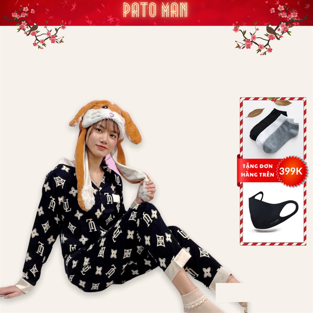 Bộ đồ ngủ pizama lụa mango tay dài quần dài, hình dễ thương hàng cao cấp (ảnh và video shop chụp thật)
